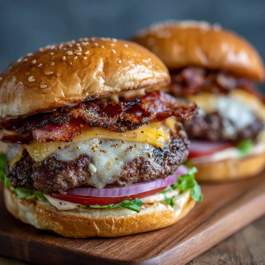 Two beef burgers with bacon and garlic butter.