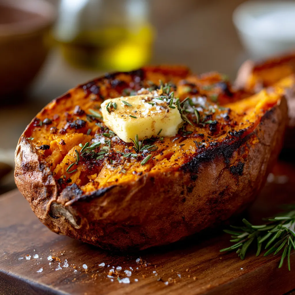 A baked sweet potato with butter and cinnamon on top.