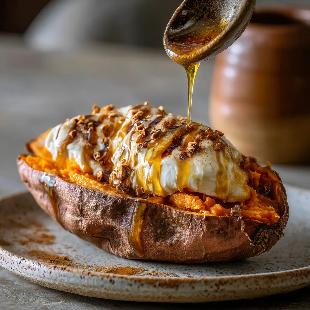 A baked sweet potato with cinnamon butter drizzled on top.