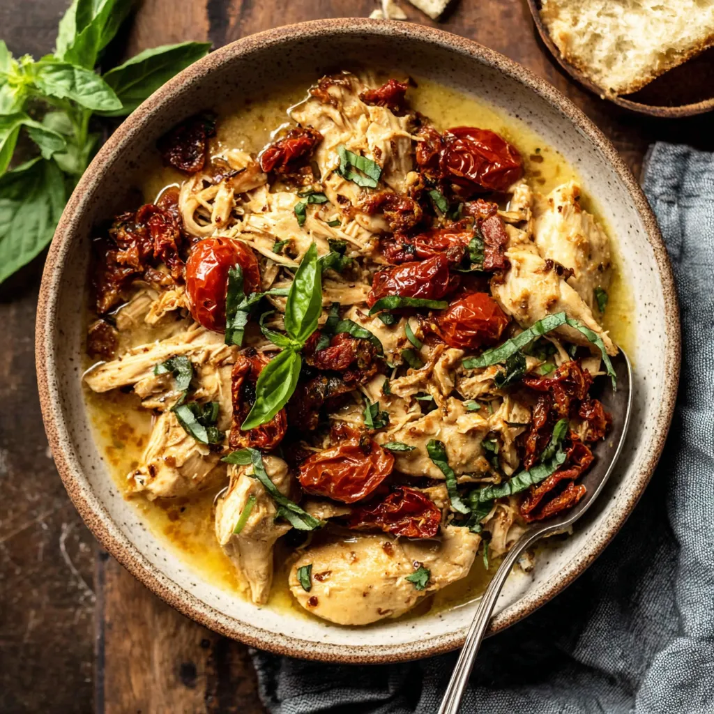 A bowl of chicken with tomatoes and herbs.