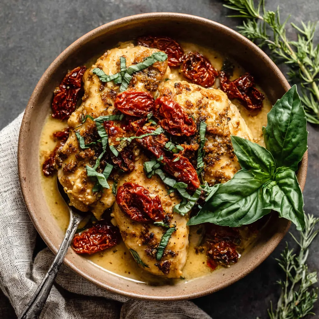 A bowl of chicken with sun-dried tomatoes and basil.