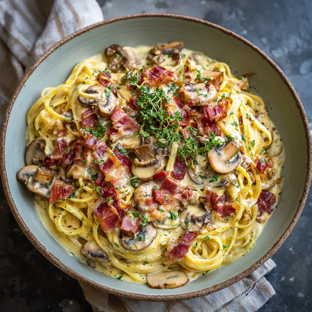 A bowl of creamy bacon and mushroom pasta.