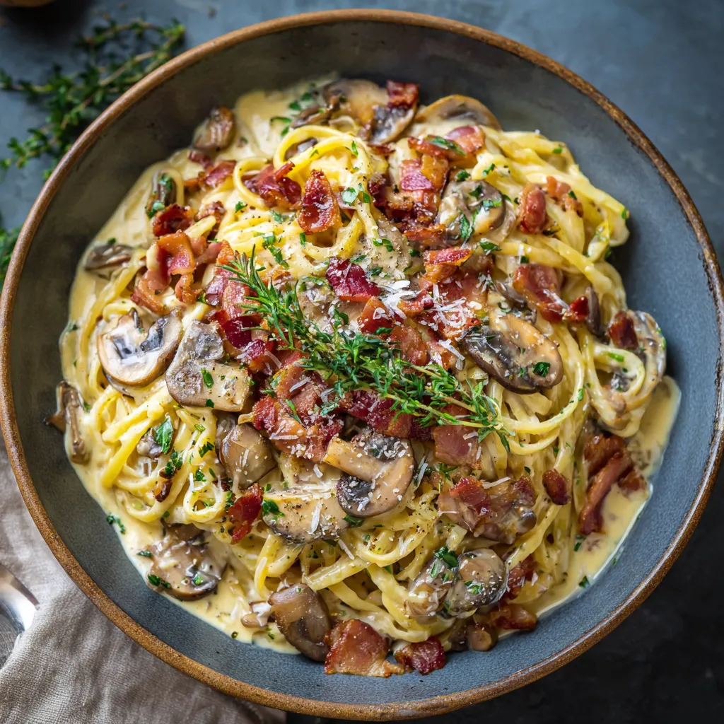 A bowl of creamy bacon and mushroom pasta.