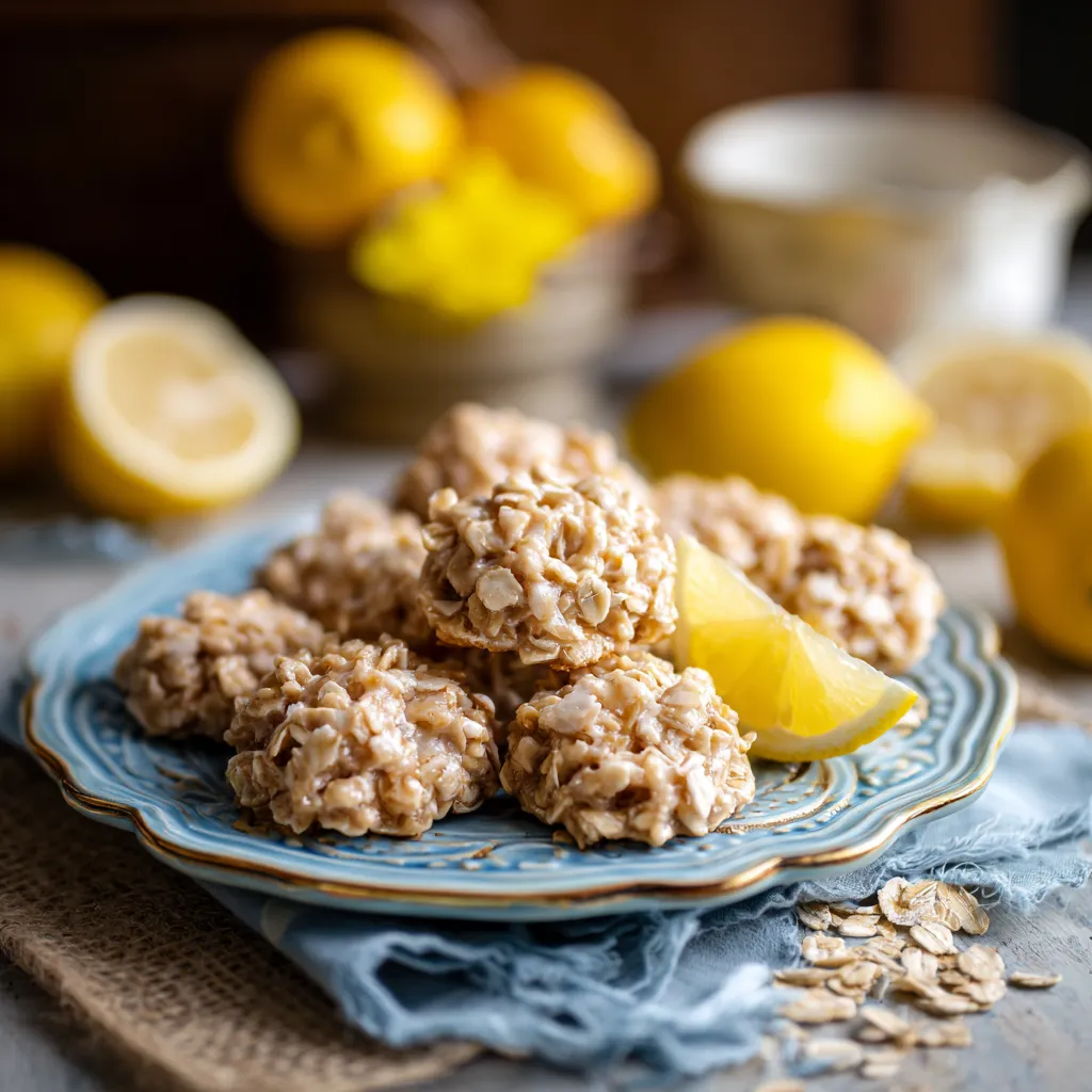 A plate of lemon oatmeal no-bake cookies.