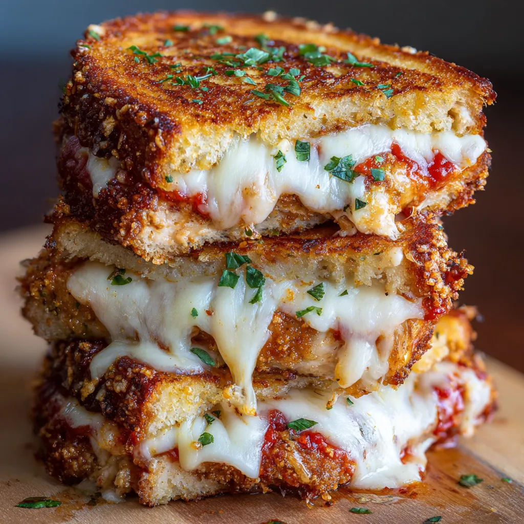 A stack of grilled cheese sandwiches with tomato sauce.