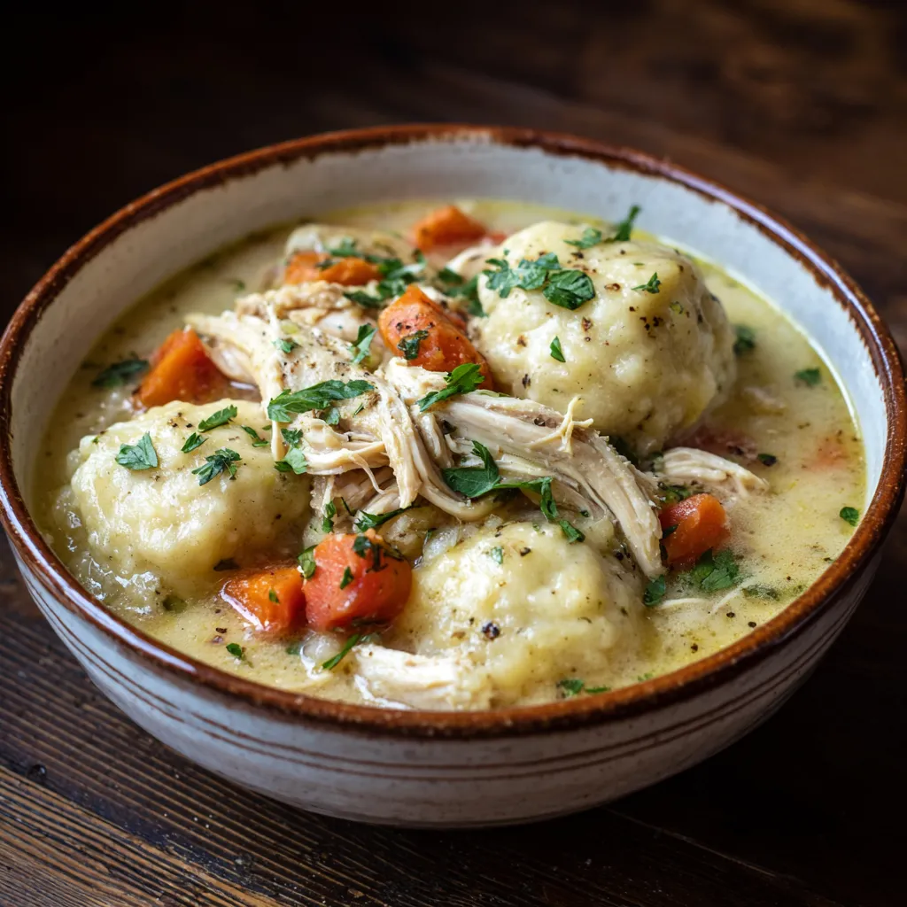 A bowl of chicken and dumplings.