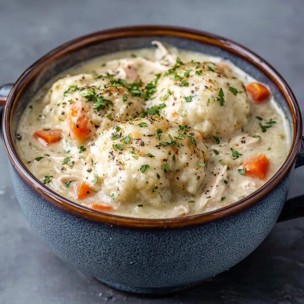 A bowl of chicken and dumplings.