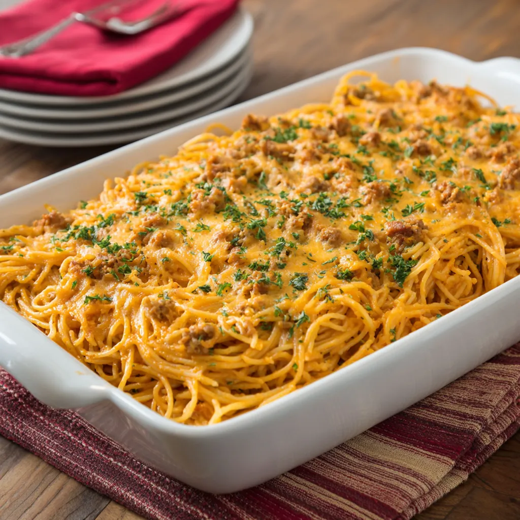 A dish of cheddar bay spaghetti casserole.