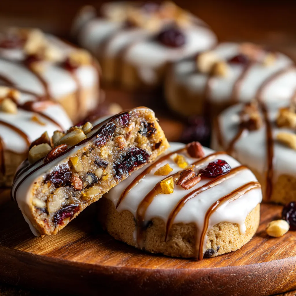 A plate of glazed fruitcake shortbread cookies.