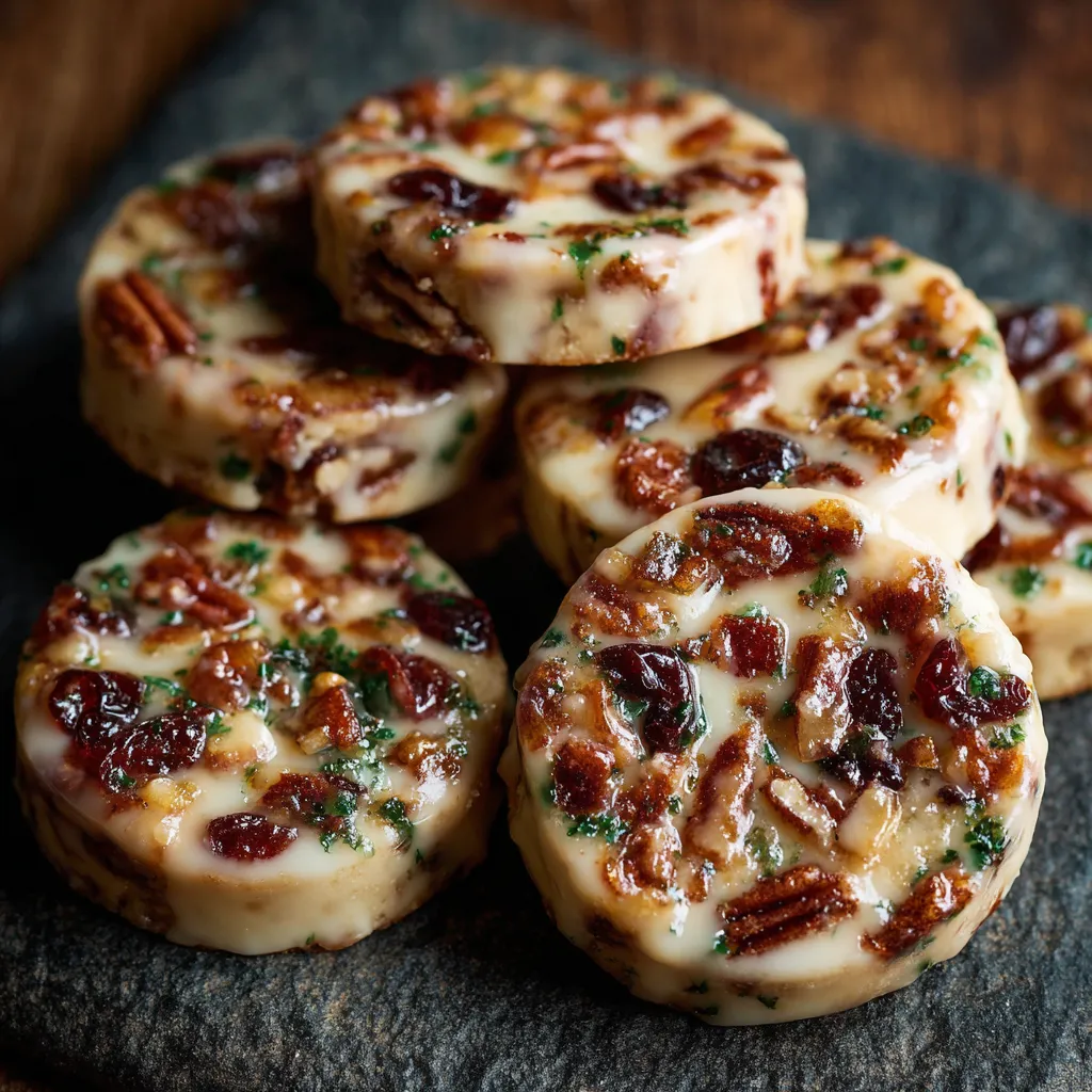 A stack of four glazed fruitcake shortbread cookies.