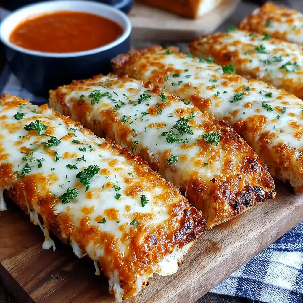 A plate of garlic bread with cheese and sauce.