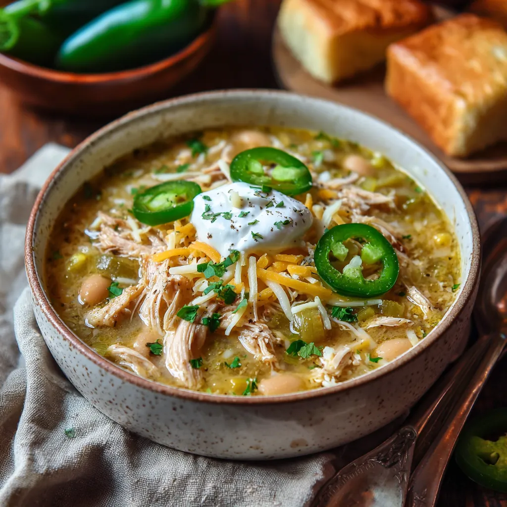A bowl of Cajun White Chicken Chili.