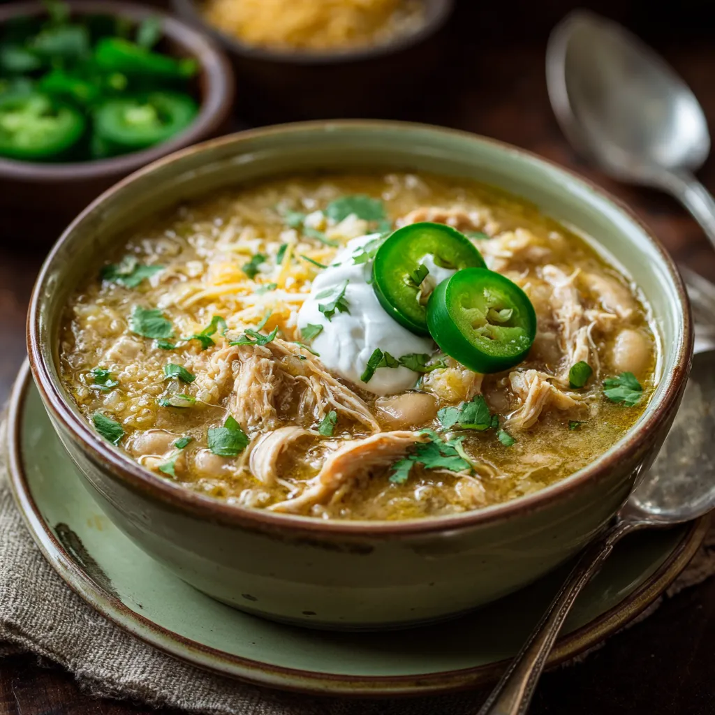 A bowl of Cajun White Chicken Chili with green peppers and jalapenos.