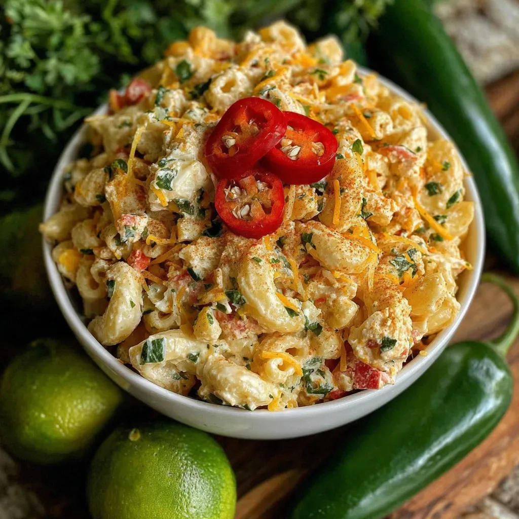 A bowl of Mexican macaroni salad with tomatoes, peppers, and cheese.