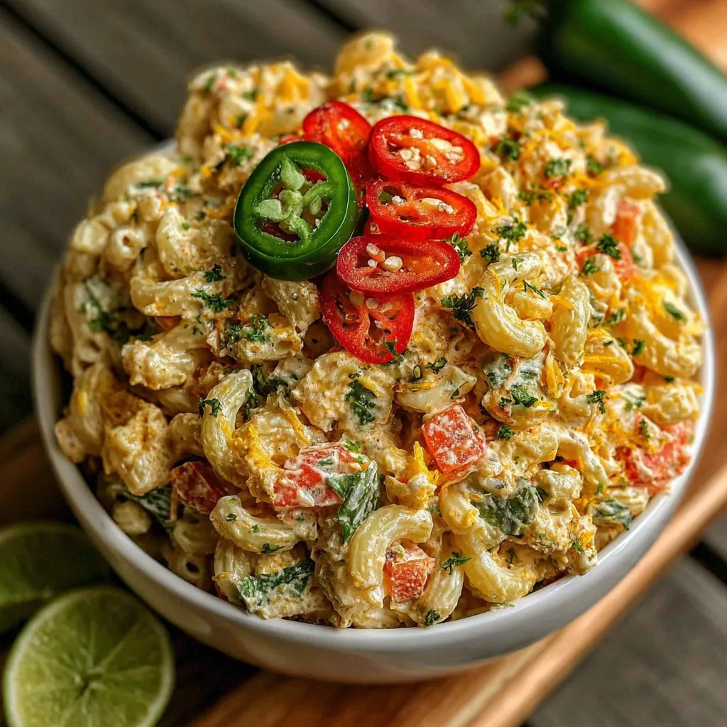 A bowl of Mexican macaroni salad with tomatoes, jalapenos, and cheese.