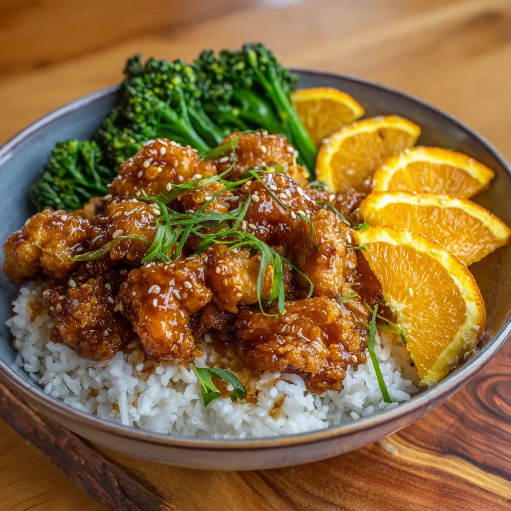 A bowl of food with chicken, broccoli, and orange slices.