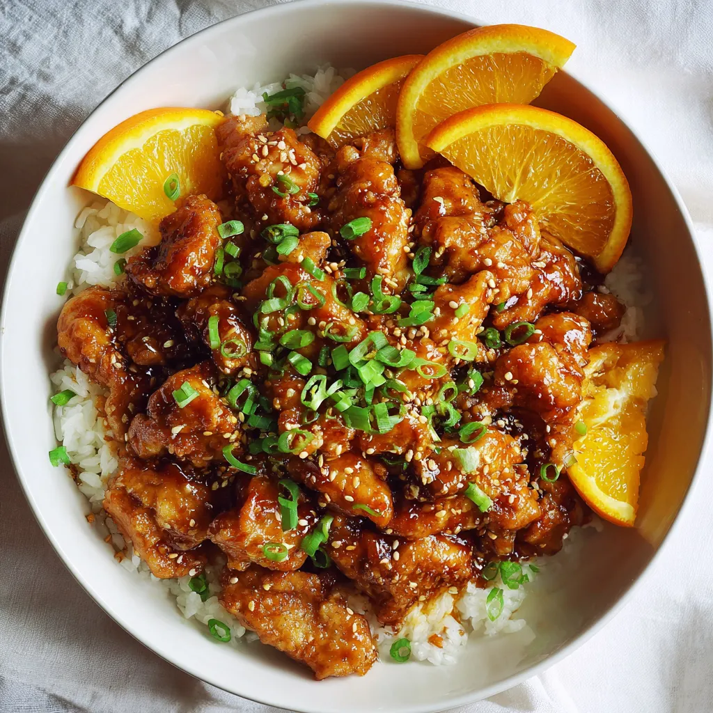 A plate of ground orange chicken with rice and orange slices.
