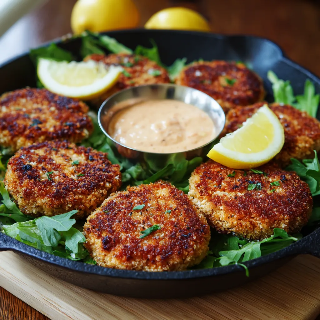 A pan of crispy pan fried salmon croquettes.