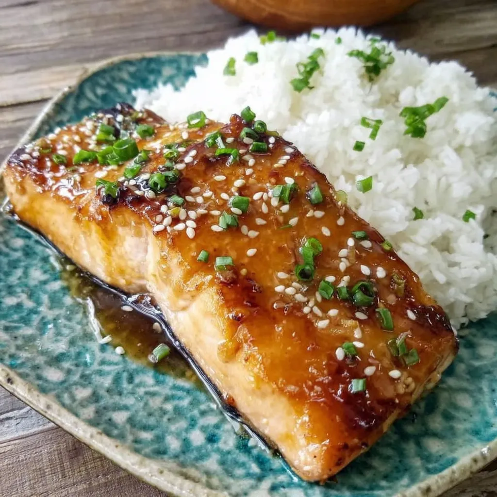 A plate of orange teriyaki salmon.