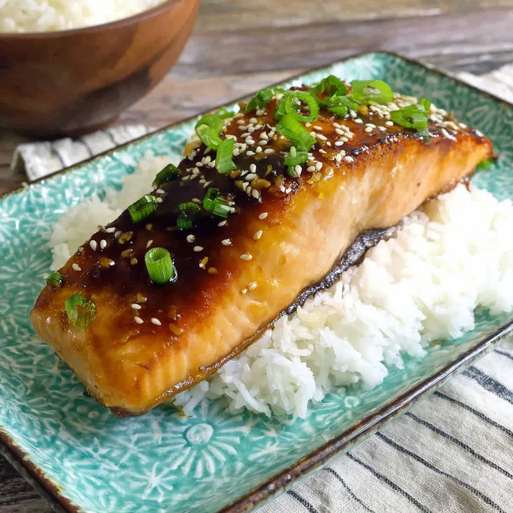 A piece of orange teriyaki salmon on a plate.