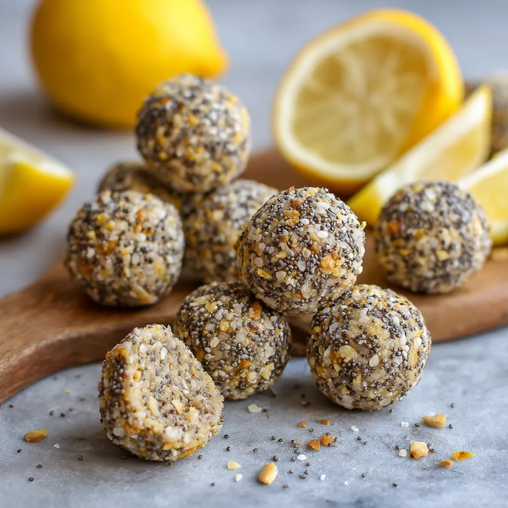A plate of protein balls with lemon and poppy seeds.