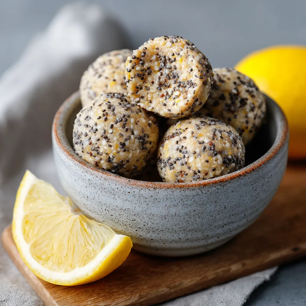 A bowl of protein balls with a lemon wedge on the side.