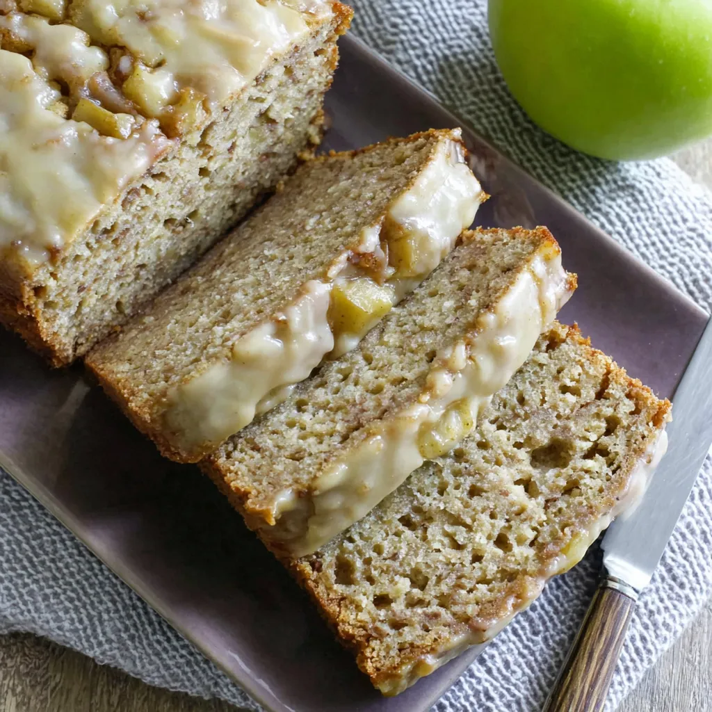 A slice of glazed apple cinnamon oatmeal bread.