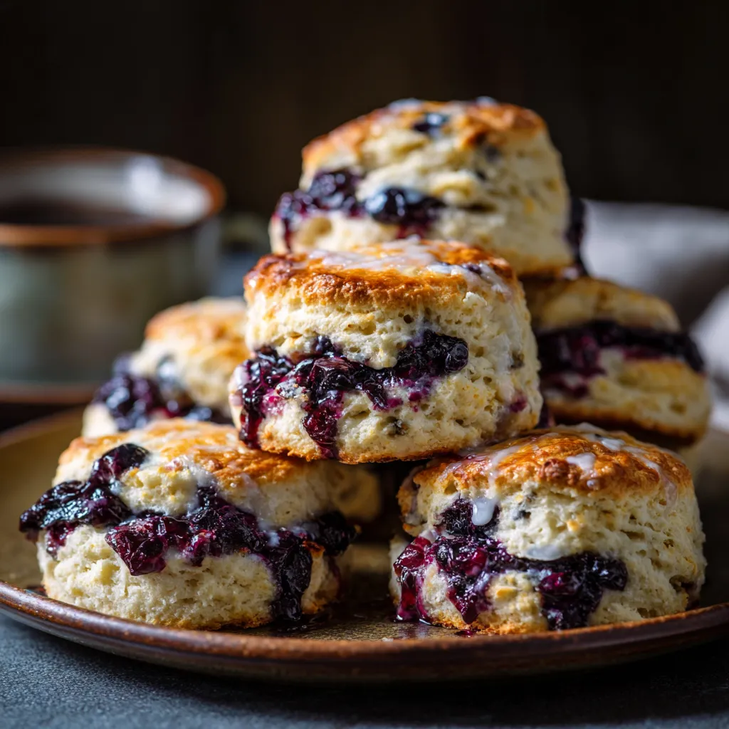 A stack of blueberry biscuits on a plate.
