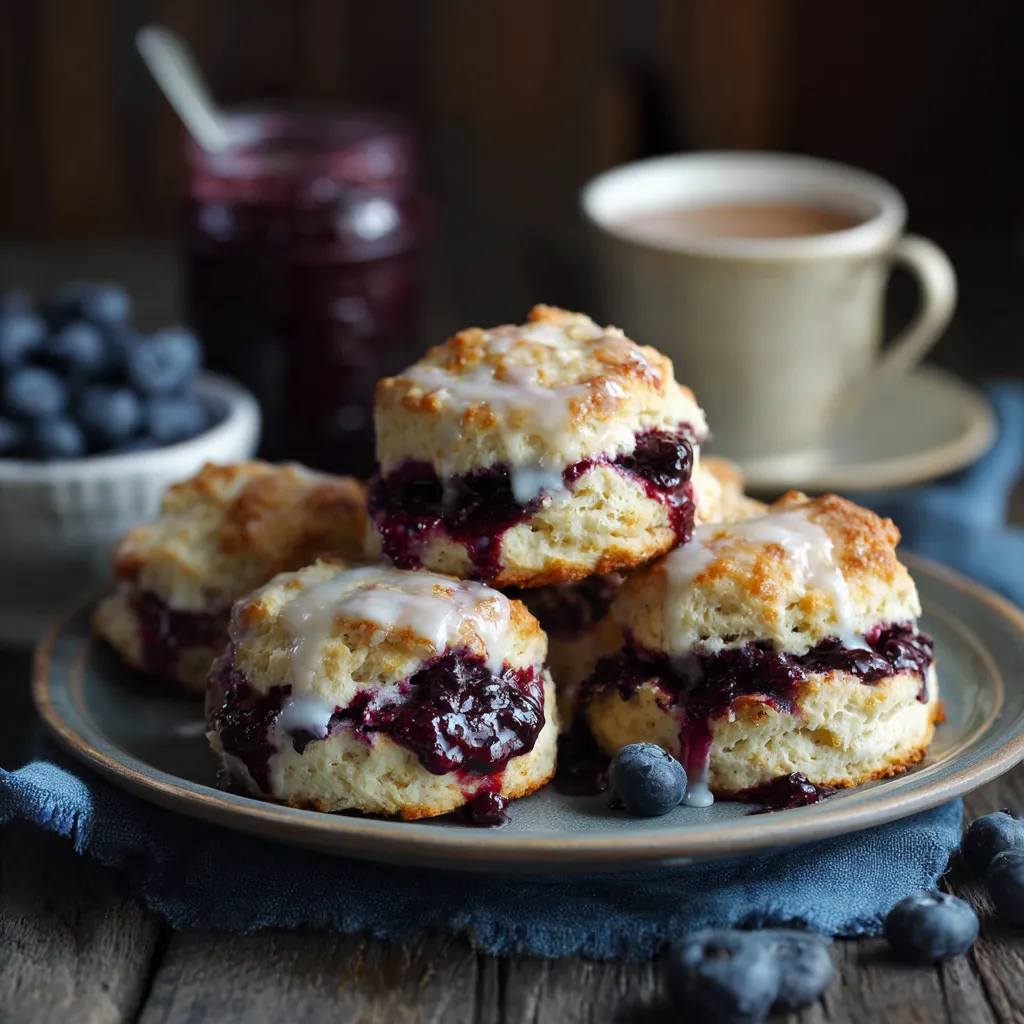 A plate of blueberry biscuits with a cup of tea.