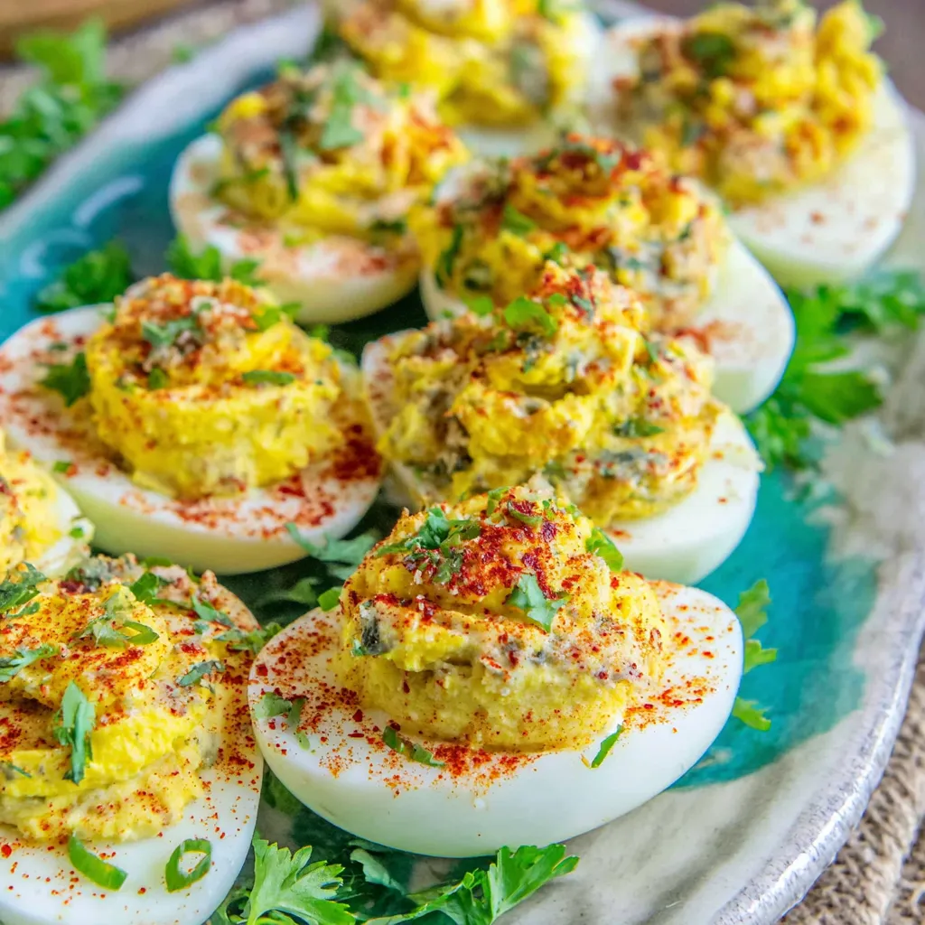 A plate of deviled eggs with a spoon in them.