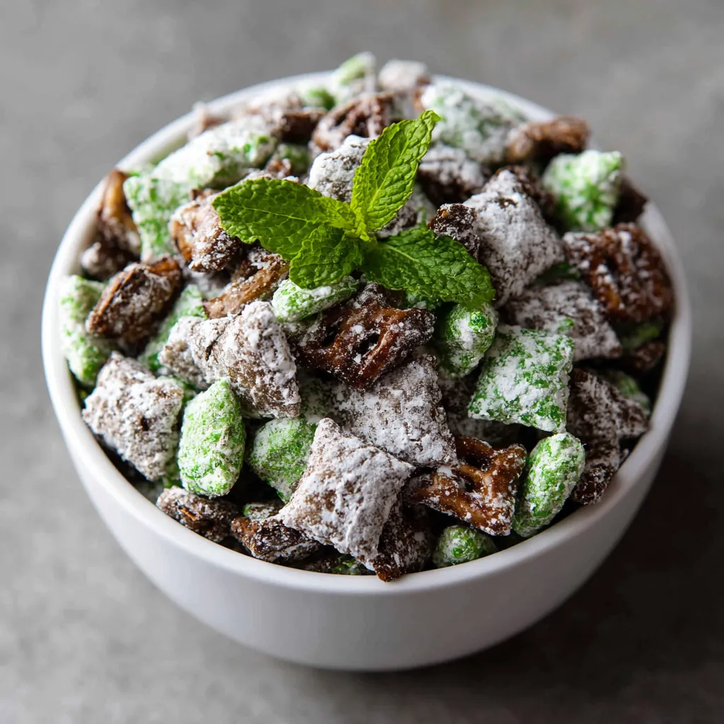A bowl of Mint Chocolate Puppy Chow.