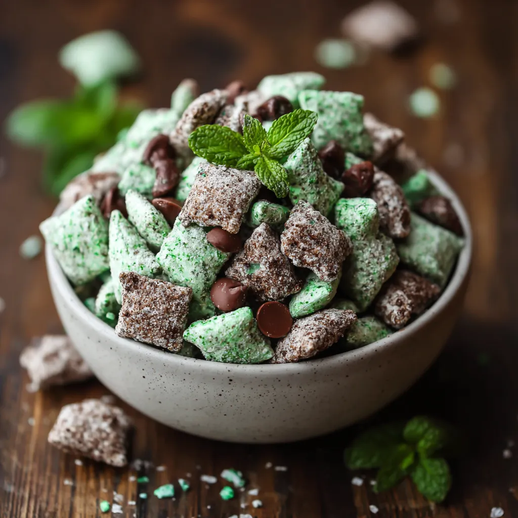 A bowl of Mint Chocolate Puppy Chow.