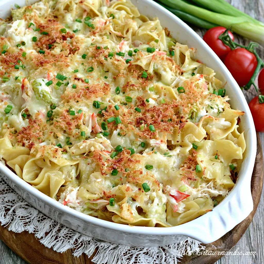 A cheesy crab rangoon casserole with tomatoes and green onions.
