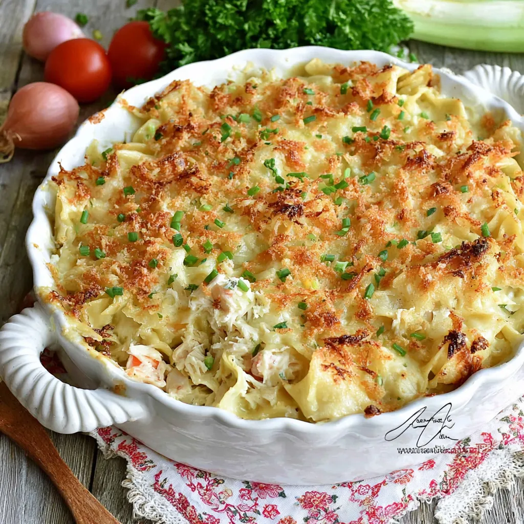 A cheesy crab rangoon casserole in a white bowl.
