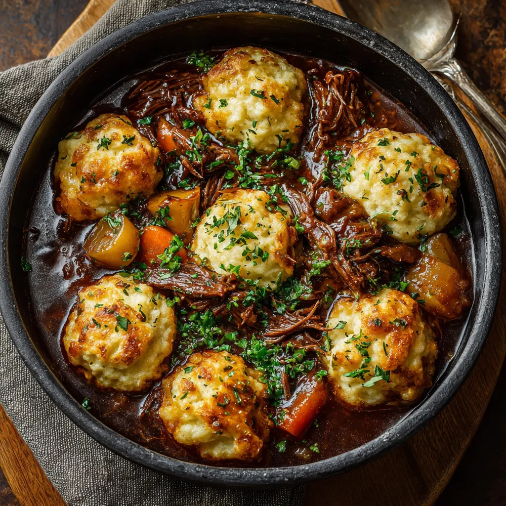 A bowl of beef stew and dumplings.