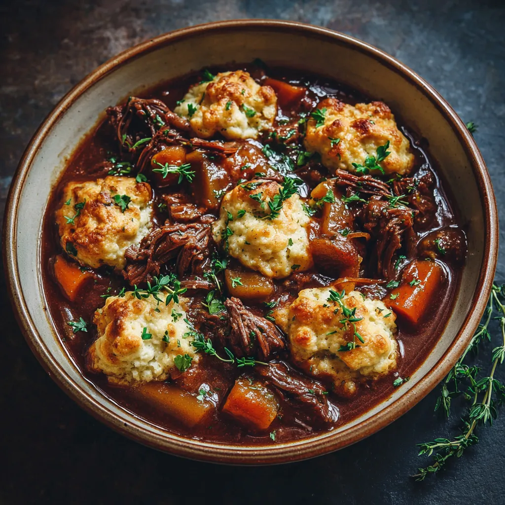 A bowl of beef stew and dumplings.