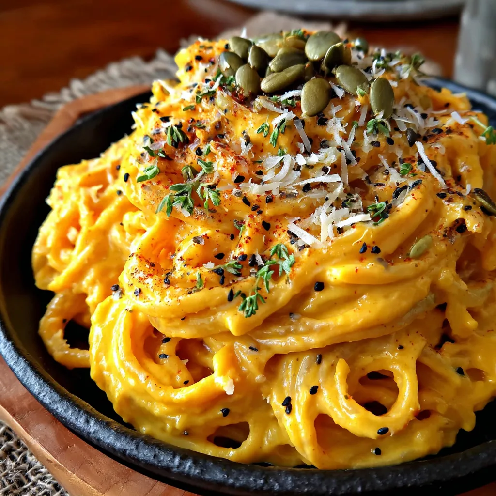 A bowl of pasta with pumpkin and cheese on top.
