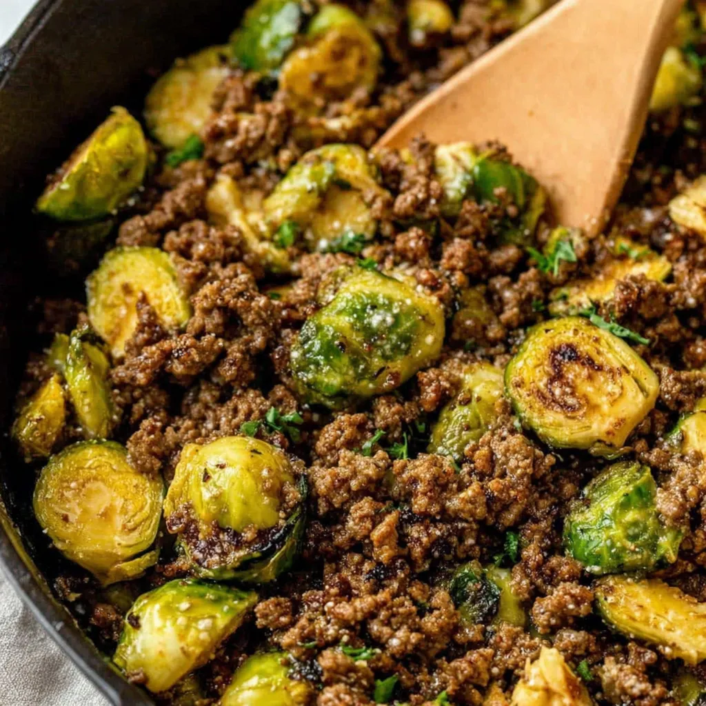 A bowl of ground beef and brussels sprouts.