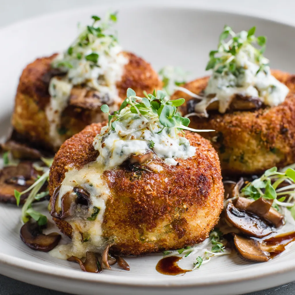 Mushroom stuffed potato cakes on a plate.
