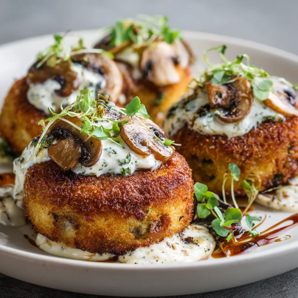 Mushroom stuffed potato cakes on a plate.