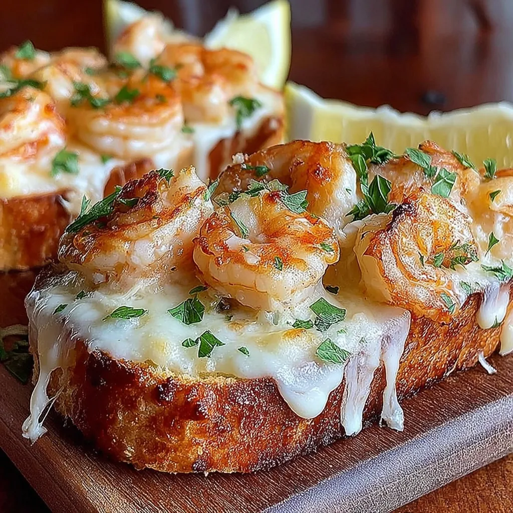 A slice of bread with shrimp and crab melt on it.
