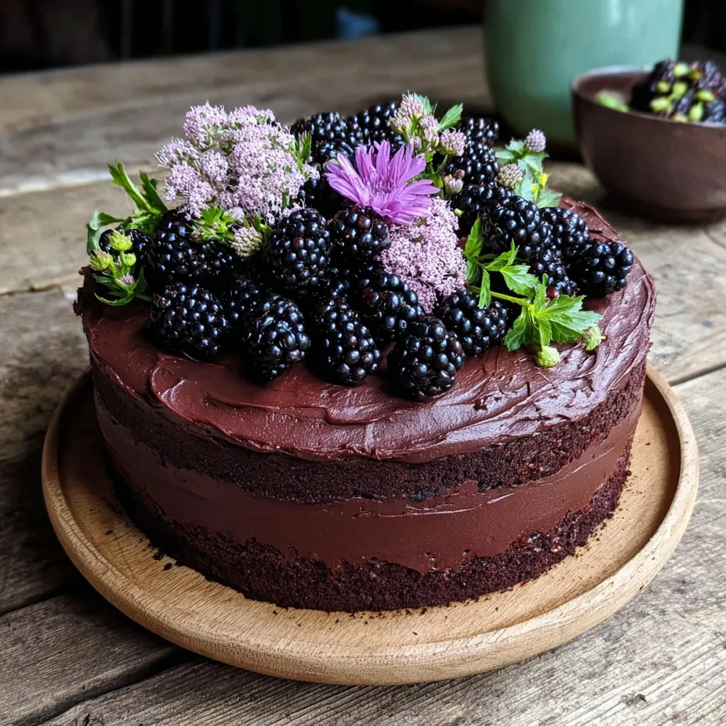 A blackberry velvet gothic cake with purple flowers.