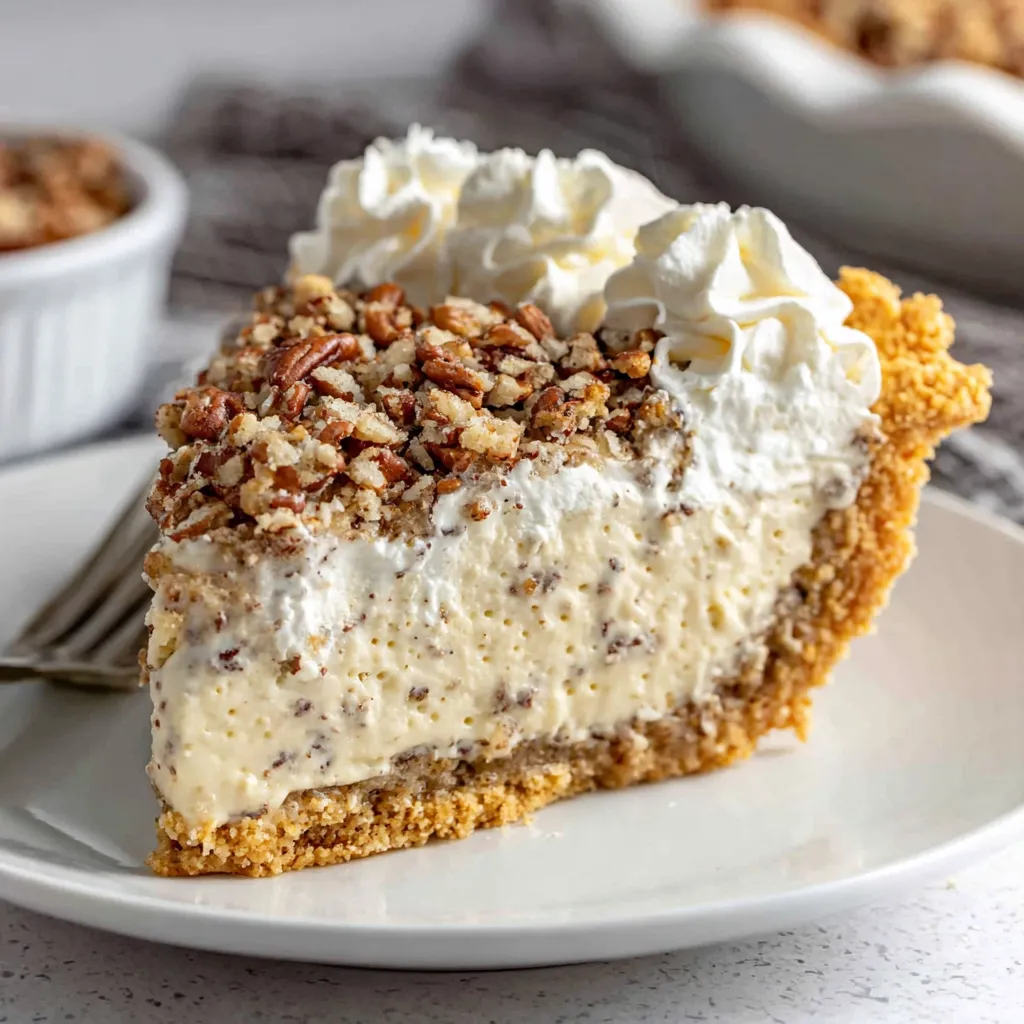 A slice of pecan cream pie on a white plate.