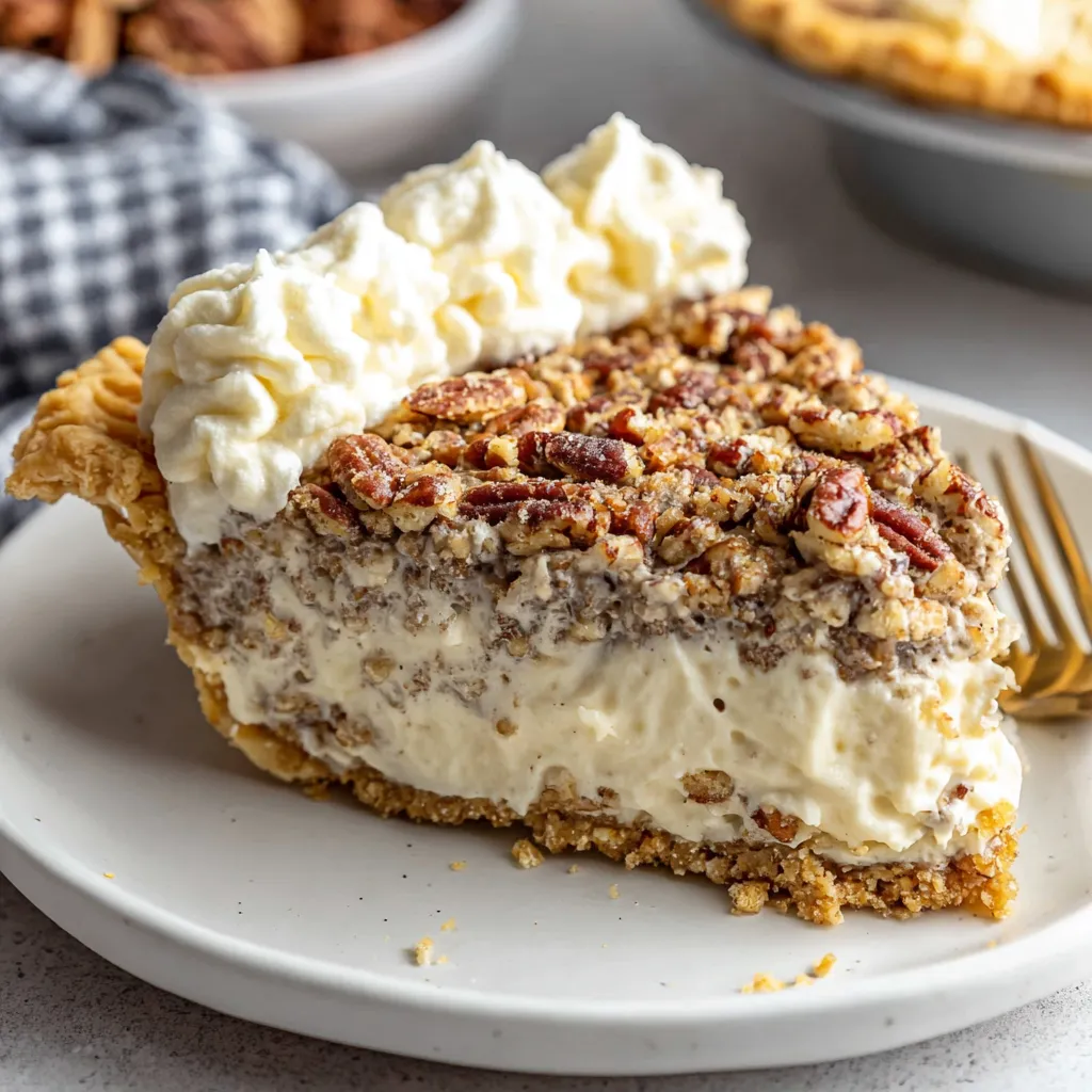 A slice of pecan cream pie on a white plate.