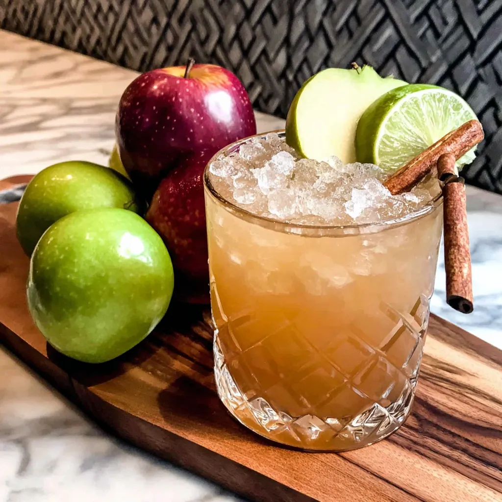 A glass of apple cider with a slice of lime and a cinnamon stick.