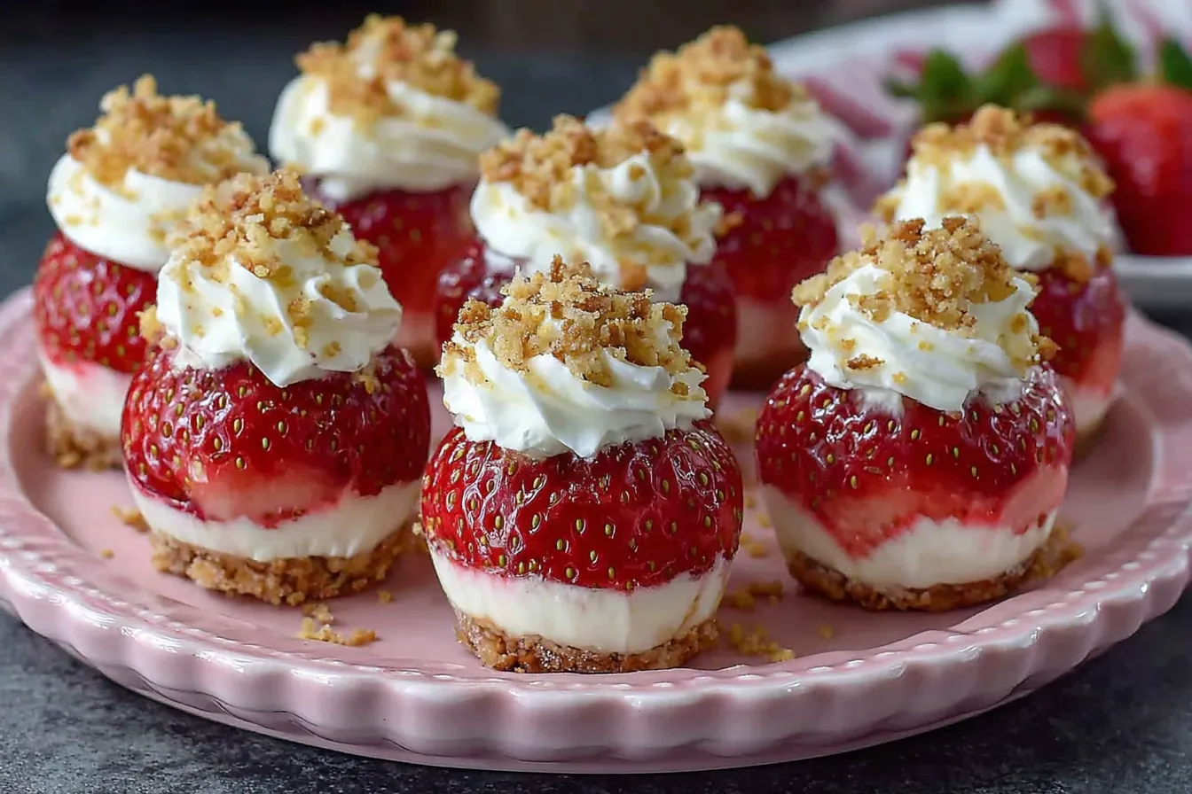 A plate of strawberry cheesecake desserts.