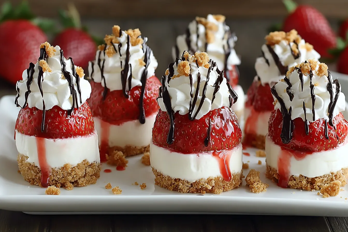 A plate of desserts with strawberries and whipped cream.