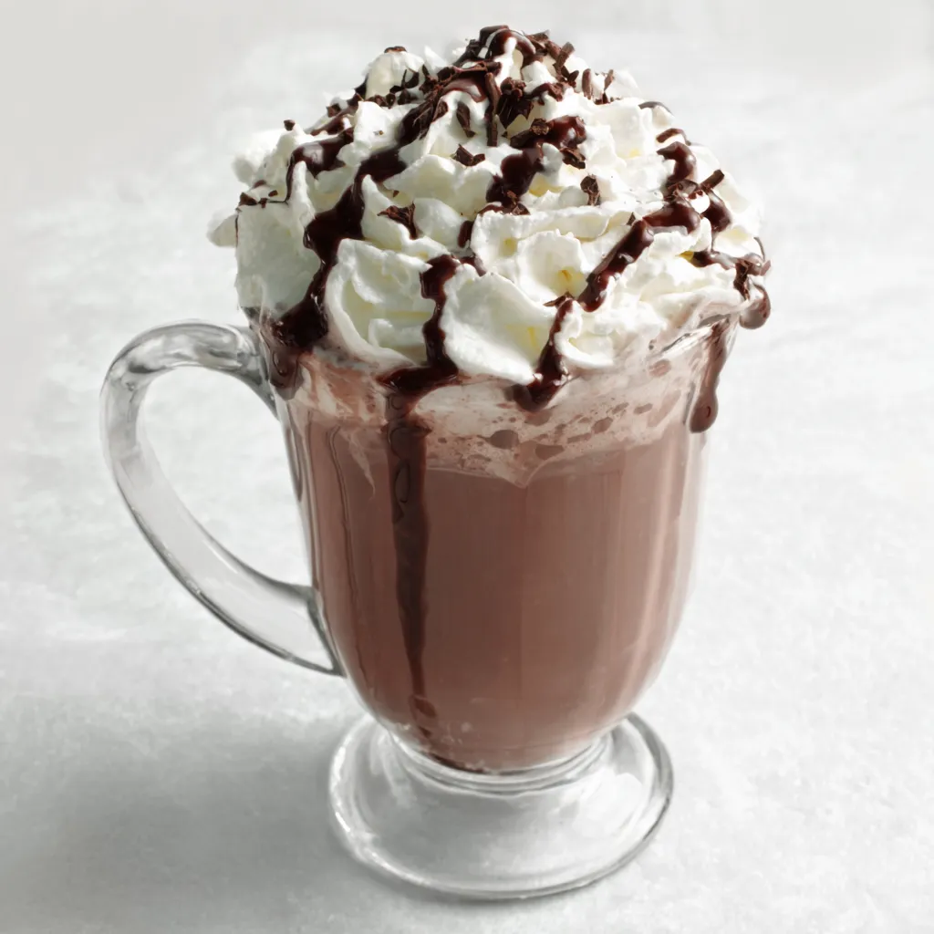 A glass of hot chocolate with whipped cream.