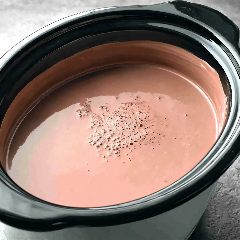A close up of a crockpot with a hot chocolate mixture inside.