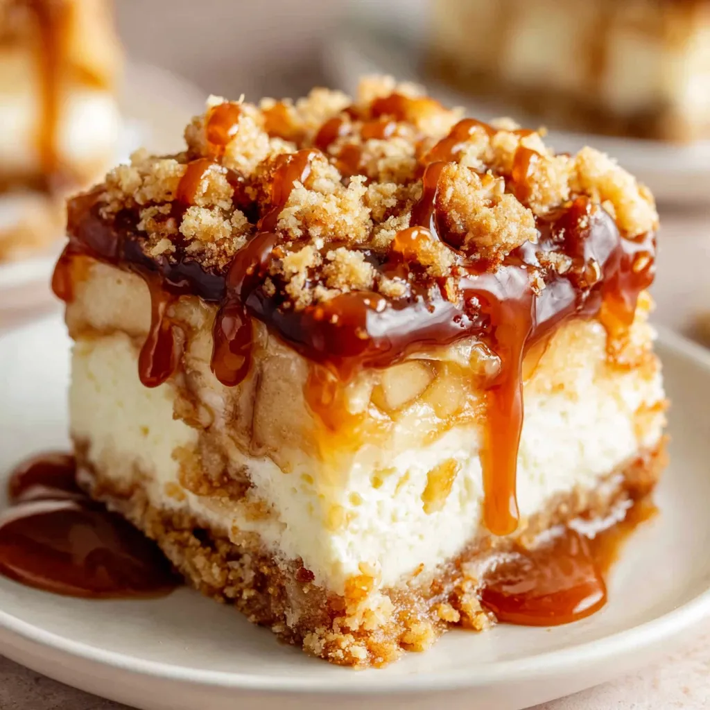 A slice of caramel apple cheesecake bars.